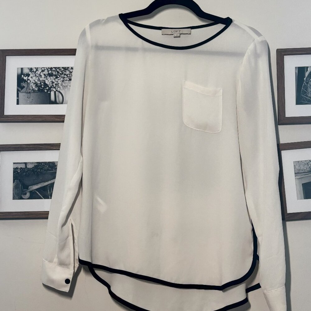 LOFT Long Sleeve Sheer Blouse – White with Black Trim
